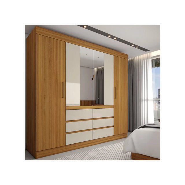 Guarda-roupa Casal Honey 4 Portas 6 Gavetas com Espelho - Panorama Móveis Cinamomo/Off White